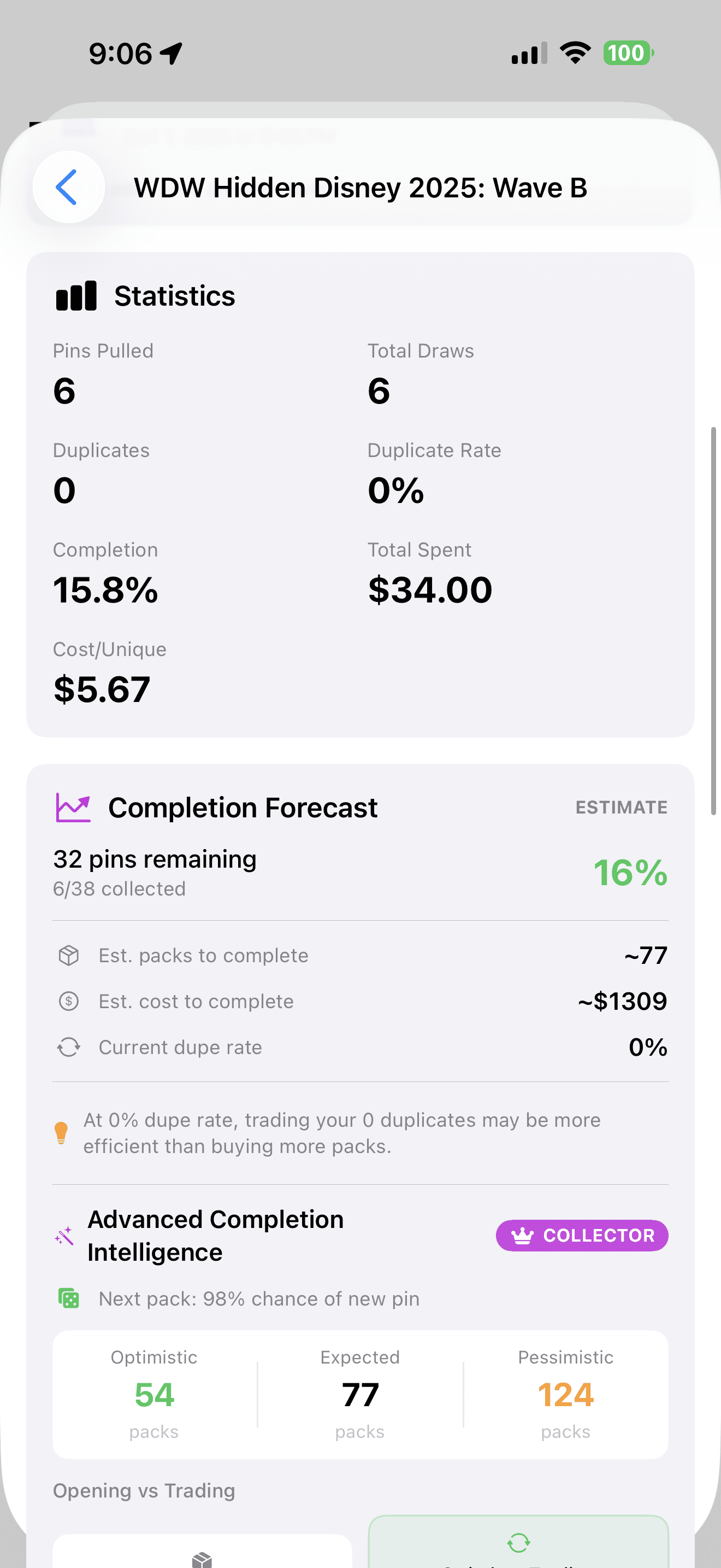Pinsdex blind pack tracking screen showing opening stats and progress