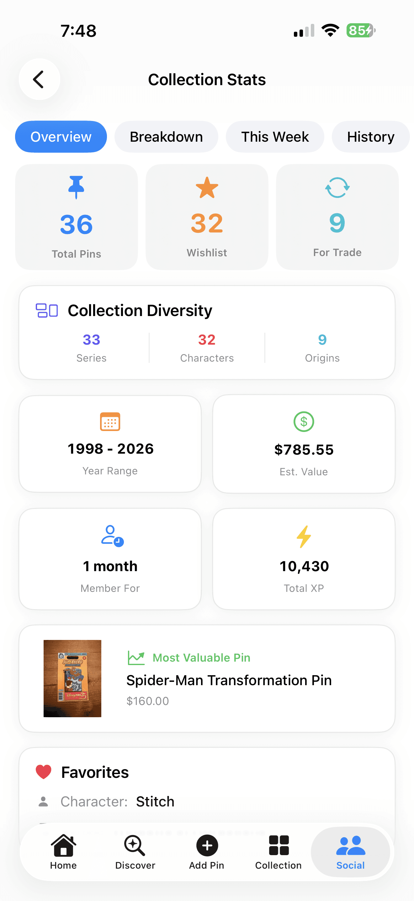 Pinsdex home dashboard focused on collection organization