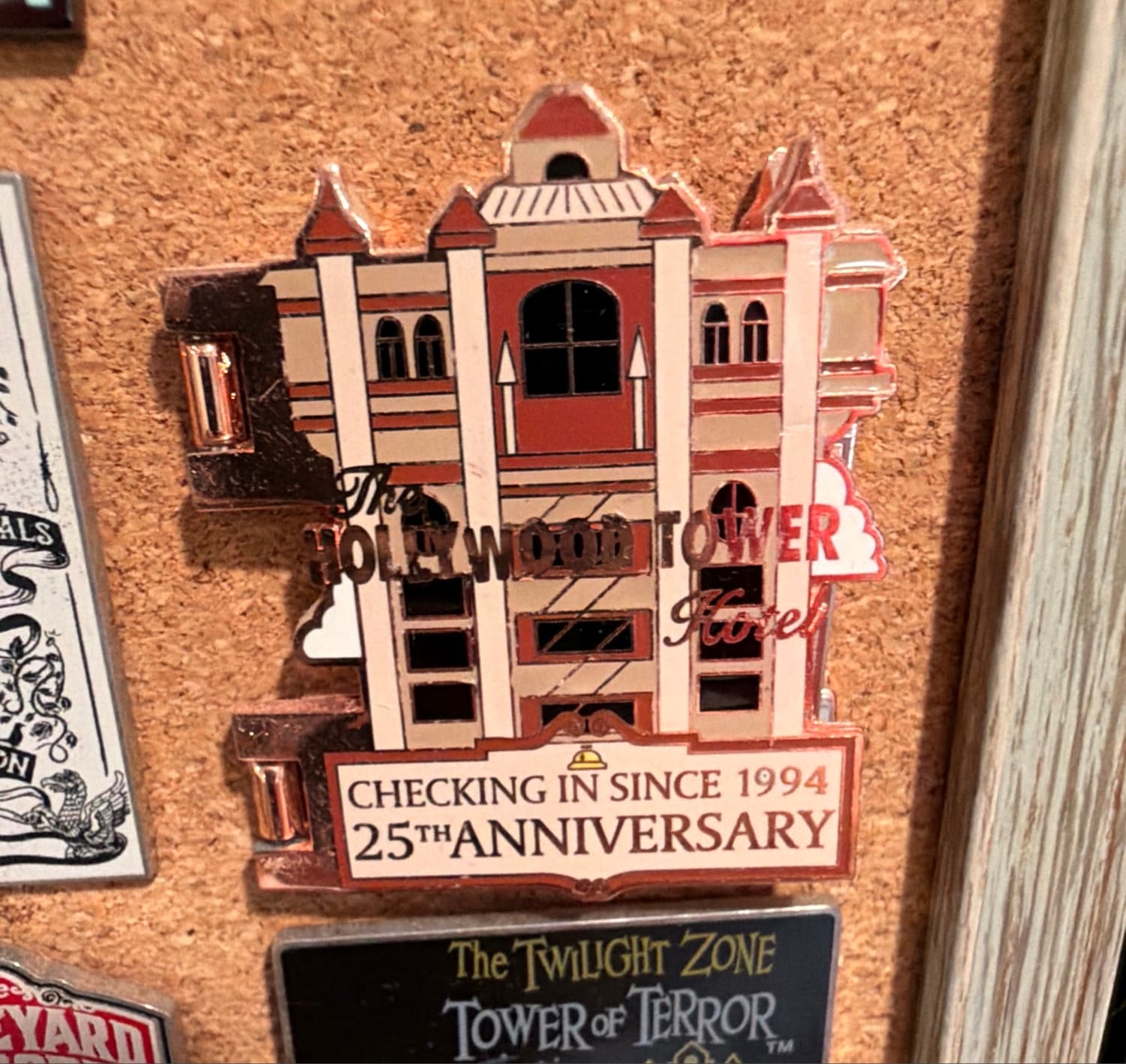 Hollywood Tower Hotel 25th Anniversary - Checking In Since 1994 Hinged Pin with Mickey Mouse