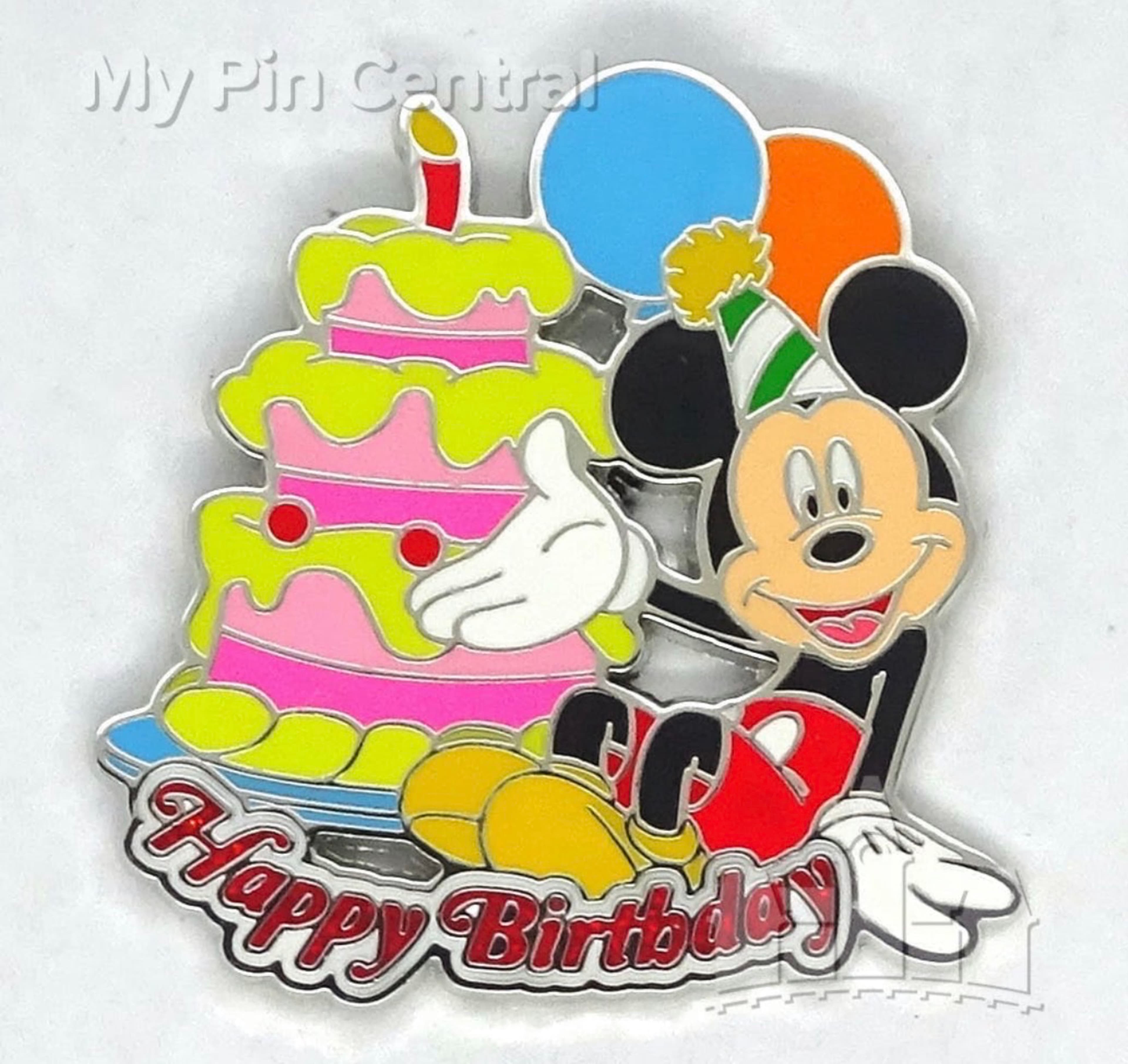 Mickey Holding Out Cake Happy Birthday Pin front