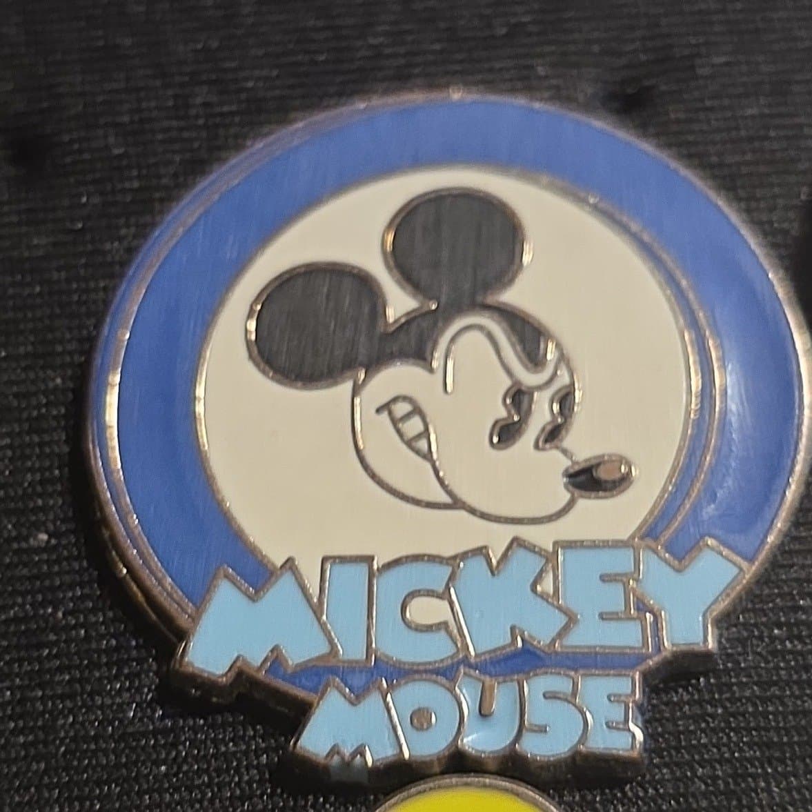 Mickey Mouse Profile Blue Circle with 'MICKEY MOUSE' Text Pin front