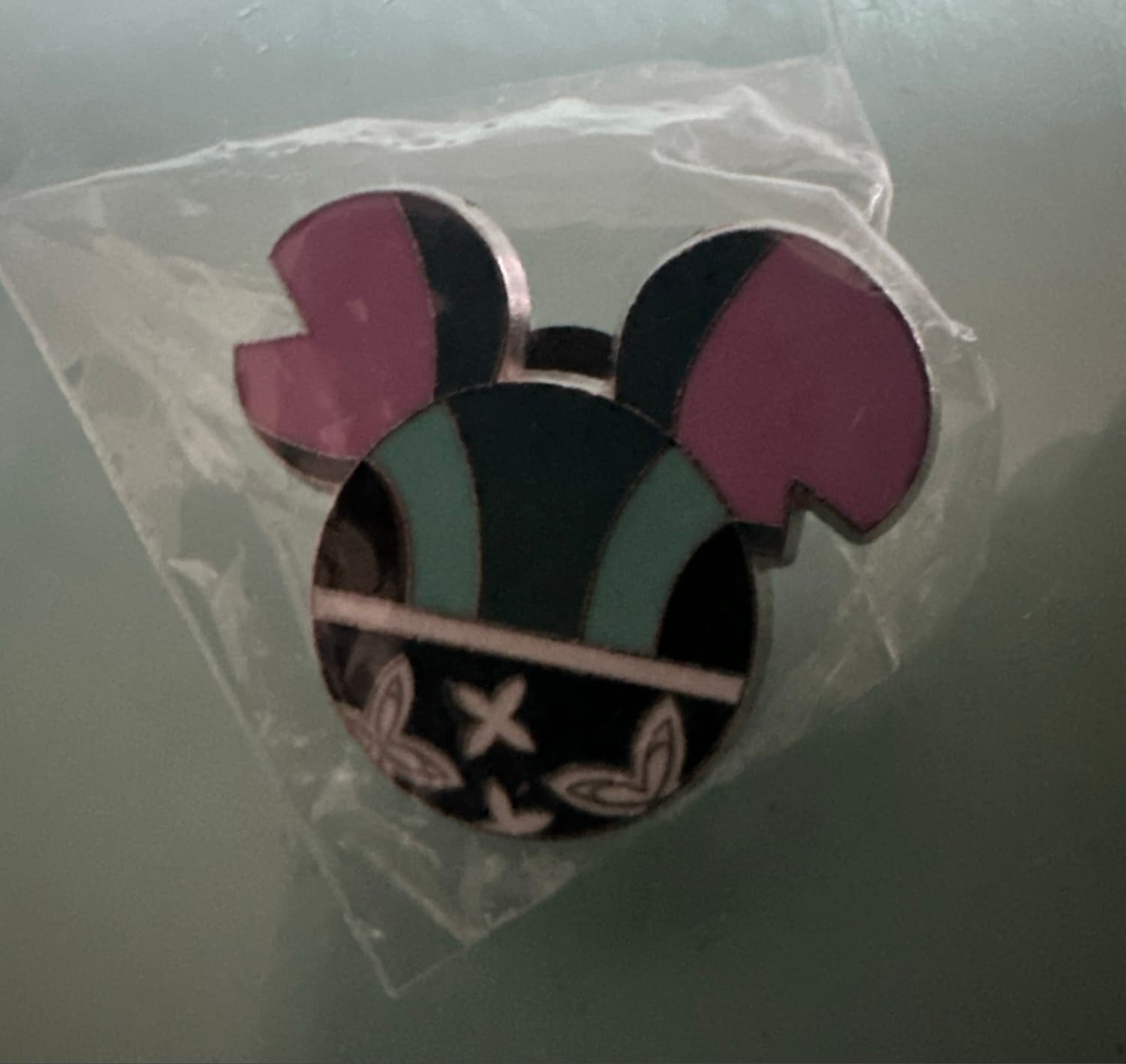 Mickey Head Icon - Pink, Teal, Black with X and Leaf Pattern