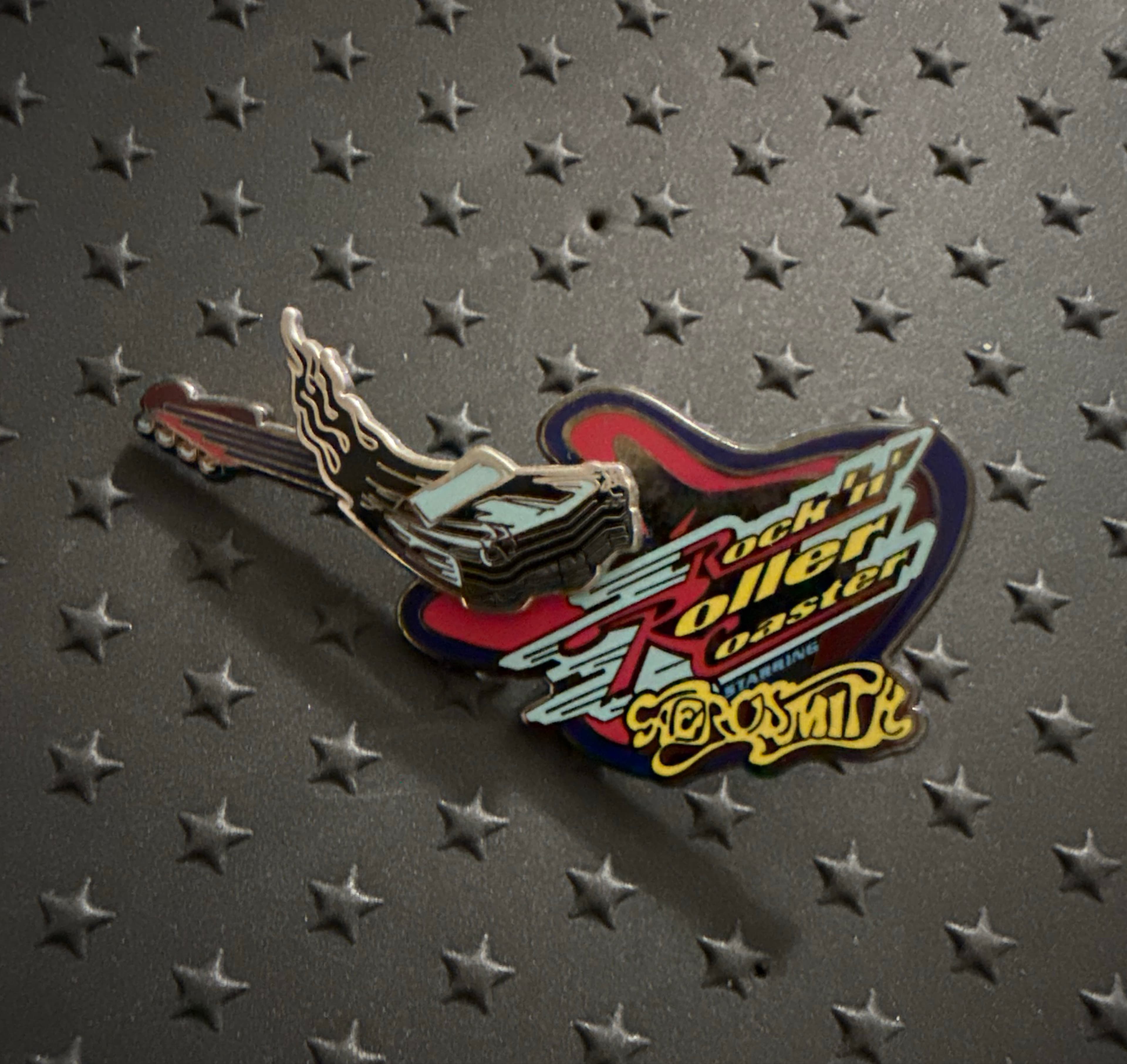 Rock'N Roller Coaster Flaming Car and Guitar Pin front
