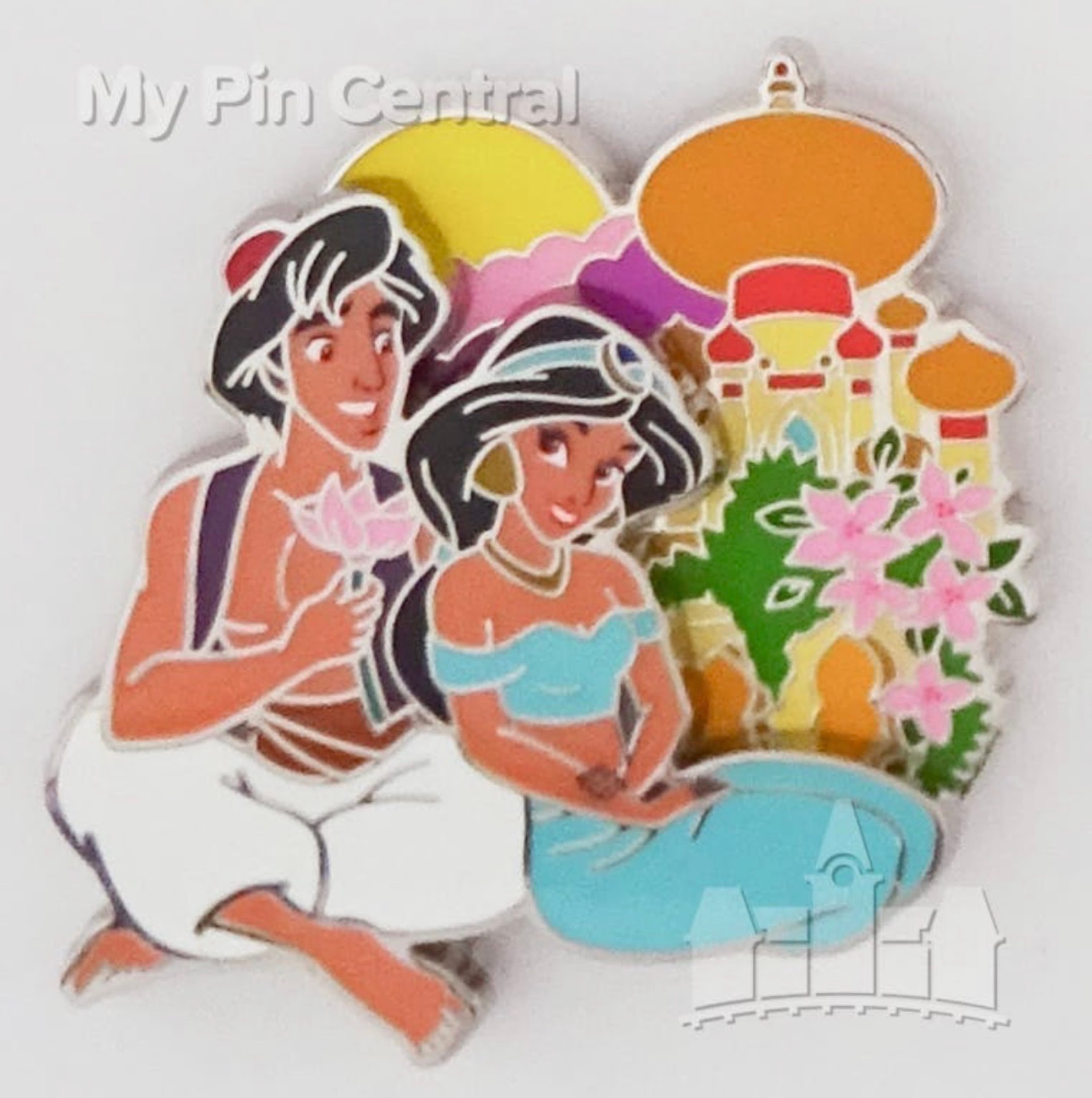 Aladdin and Jasmine sitting in front of Agrabah Palace front