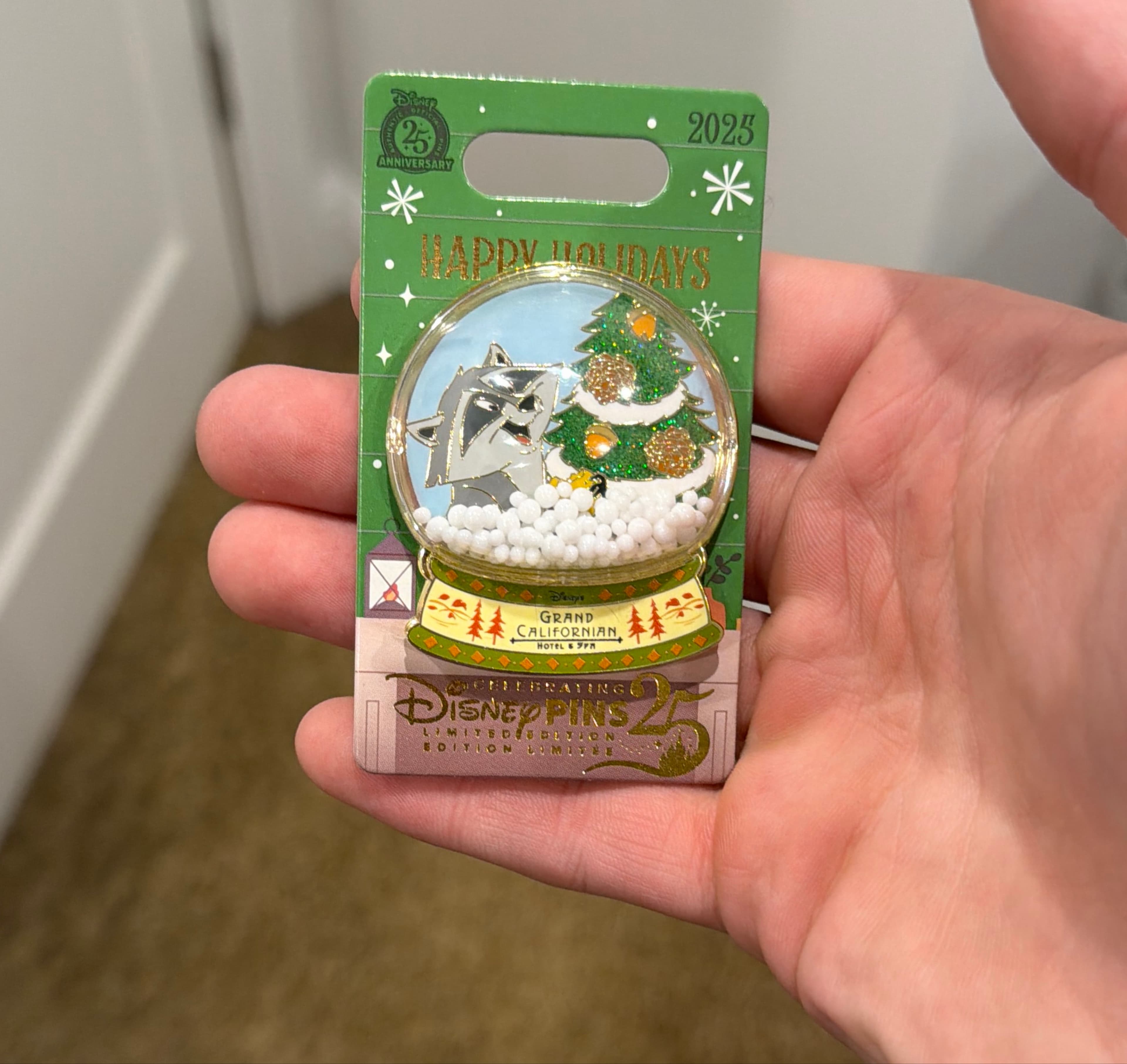 Happy Holidays Grand Californian Hotel Meeko Snow Globe Pin