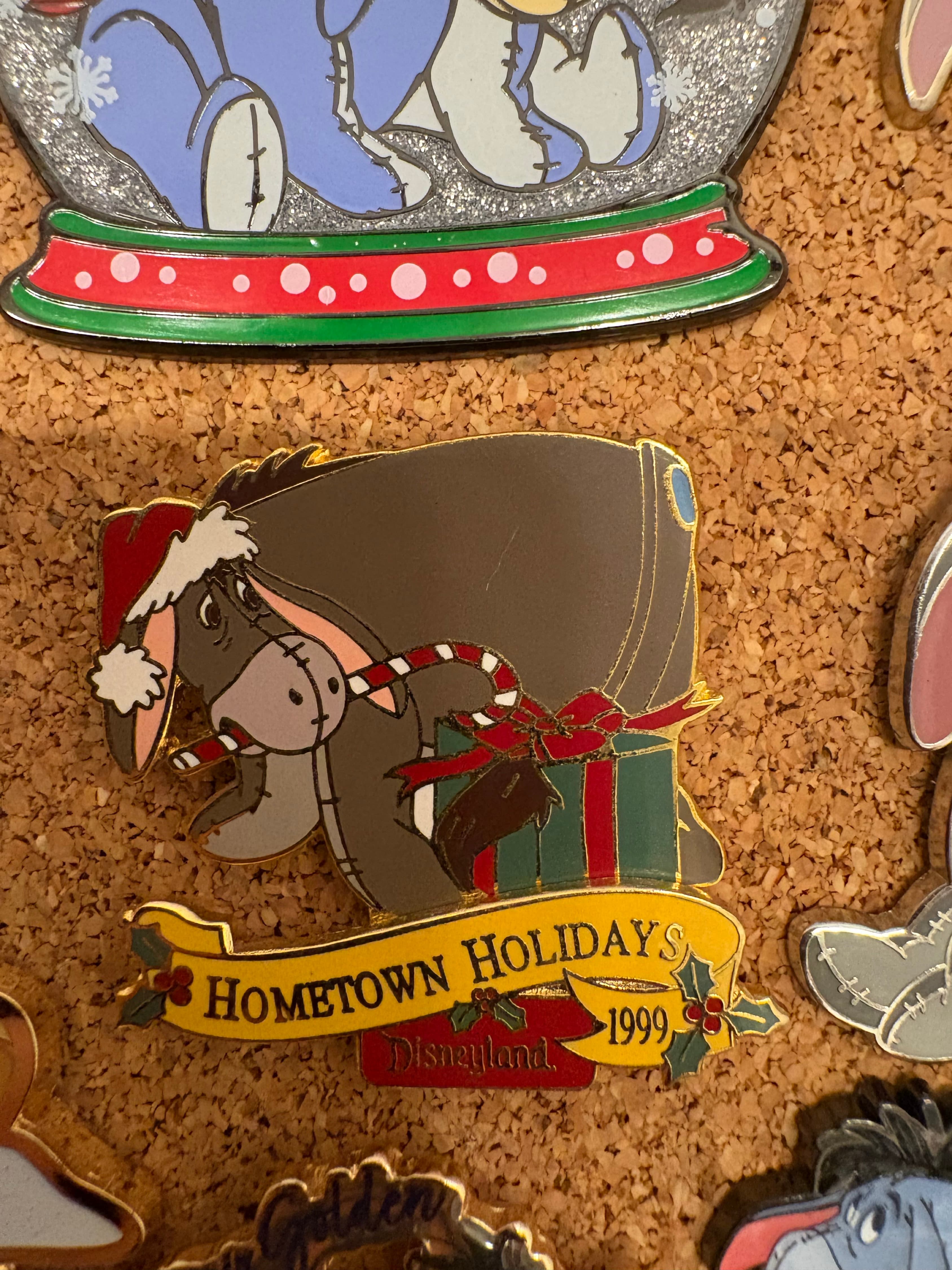Eeyore Hometown Holidays 1999 Candy Cane Pin front