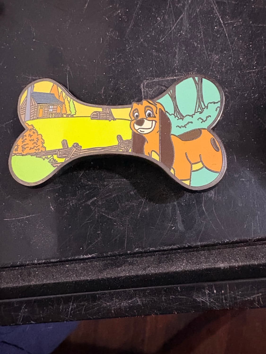 Copper - The Fox and the Hound - Bone Shaped with Cabin Background fantasy pin