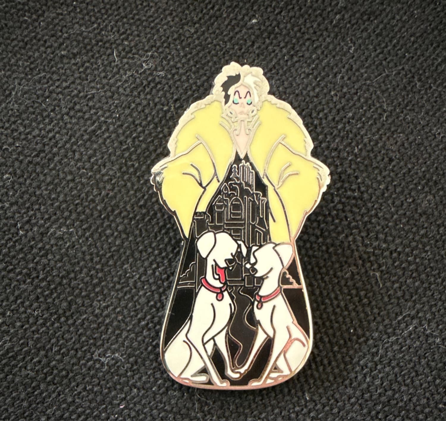 Cruella De Vil with Dalmatians and Castle Pin