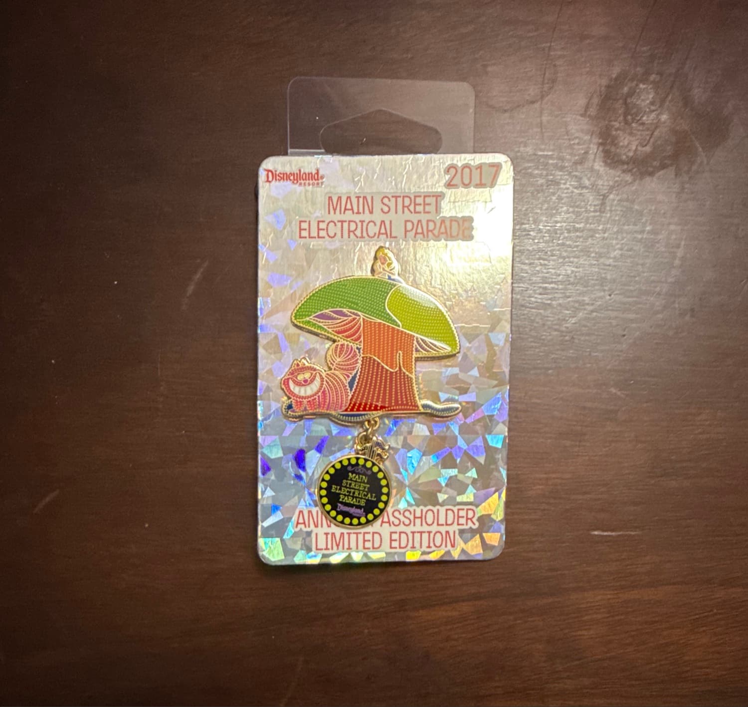 Disneyland 2017 Main Street Electrical Parade Annual Passholder Cheshire Cat Dangle Pin front