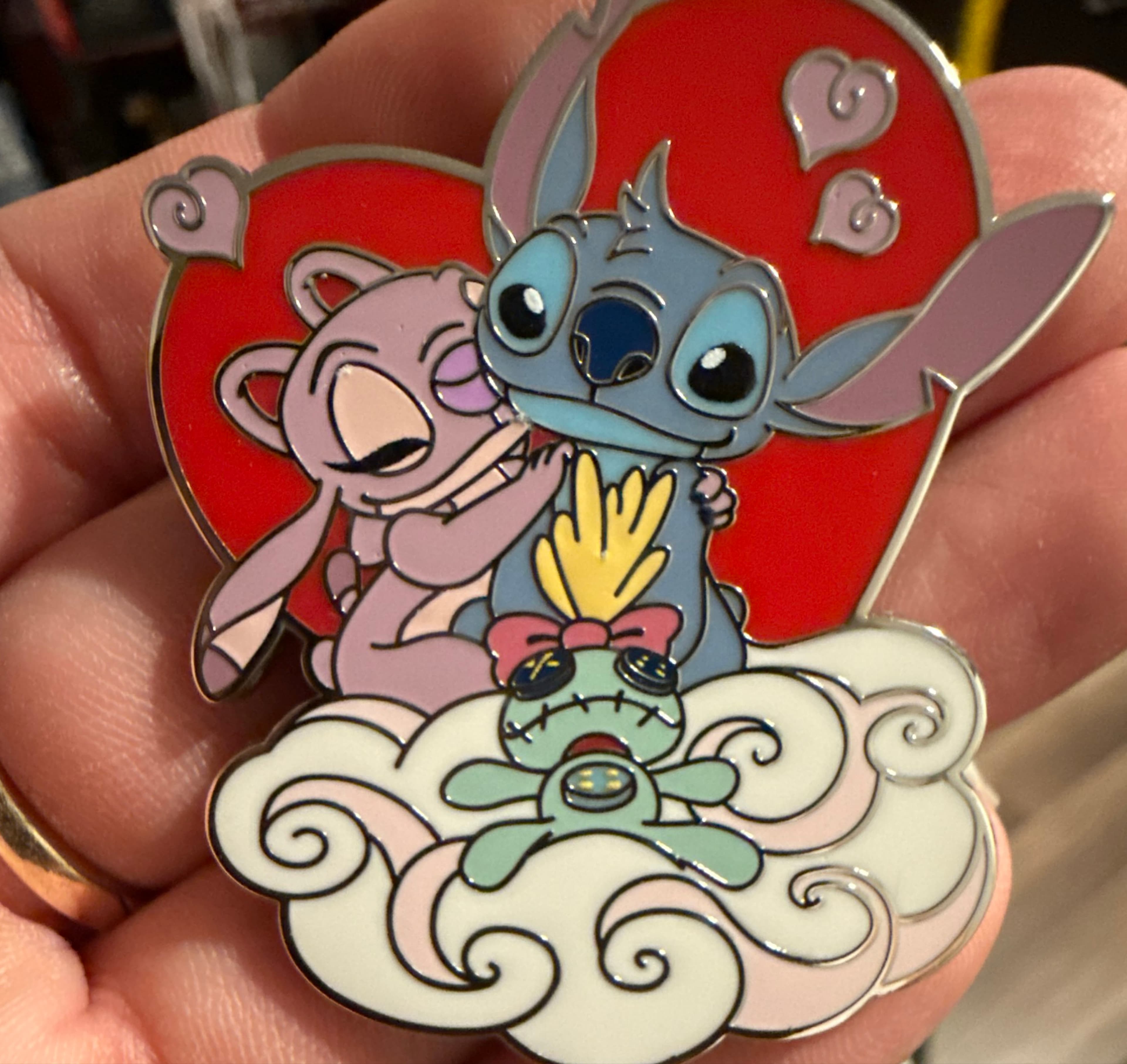 Stitch and Angel Hugging with Scrump on Cloud Valentine's Day Pin front