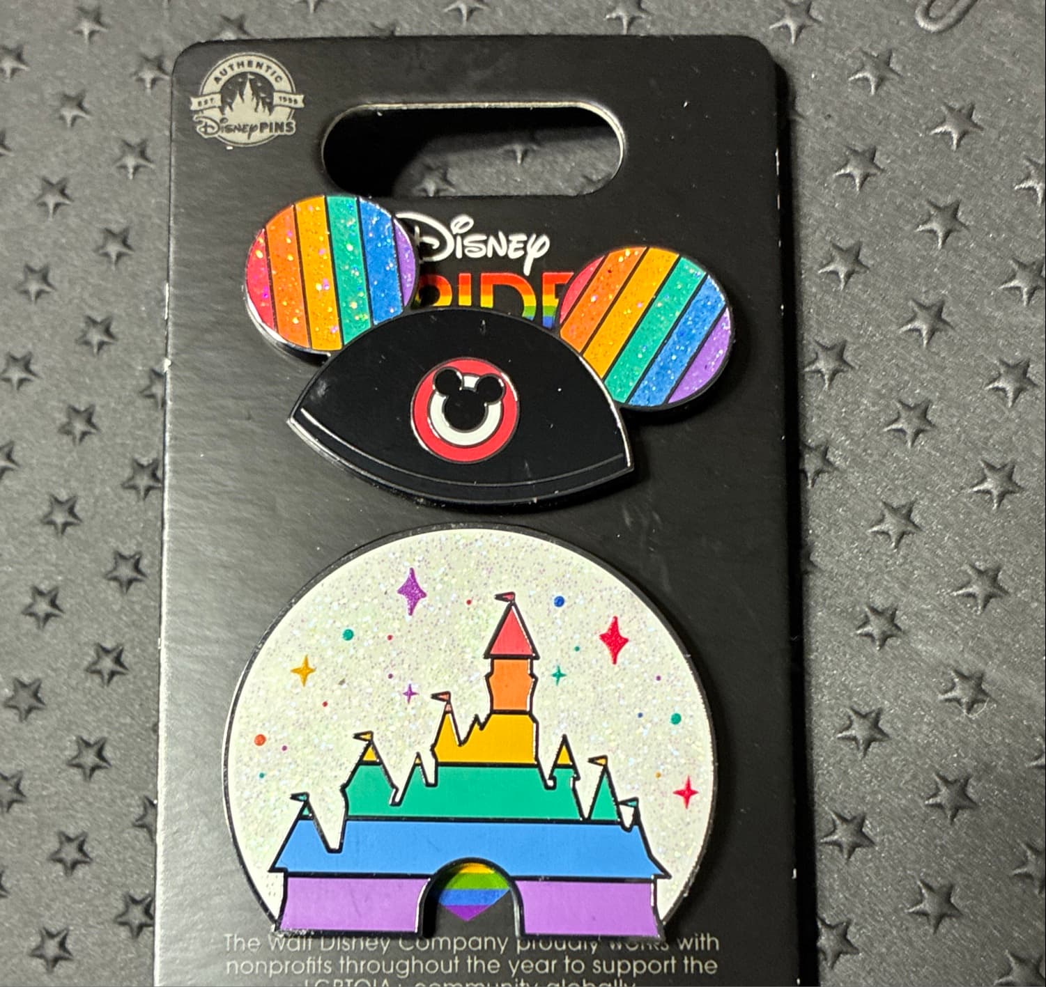 Mouseketeer Ear Hat and Fantasyland Castle Pride Pin Set front