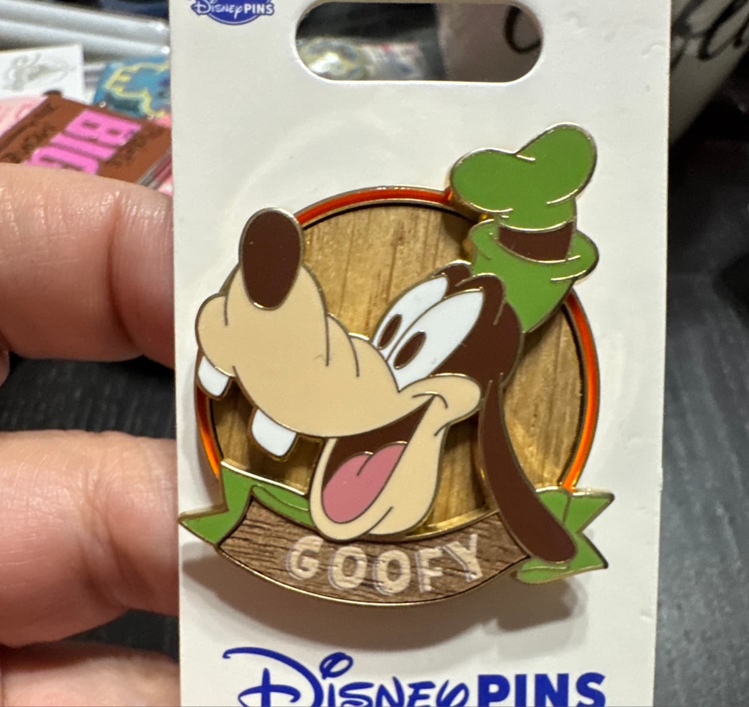 Goofy Wood Inlay Pin with Title Banner front