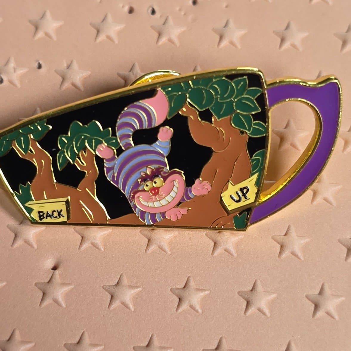 Cheshire Cat Teacup with 'BACK' and 'UP' Signs