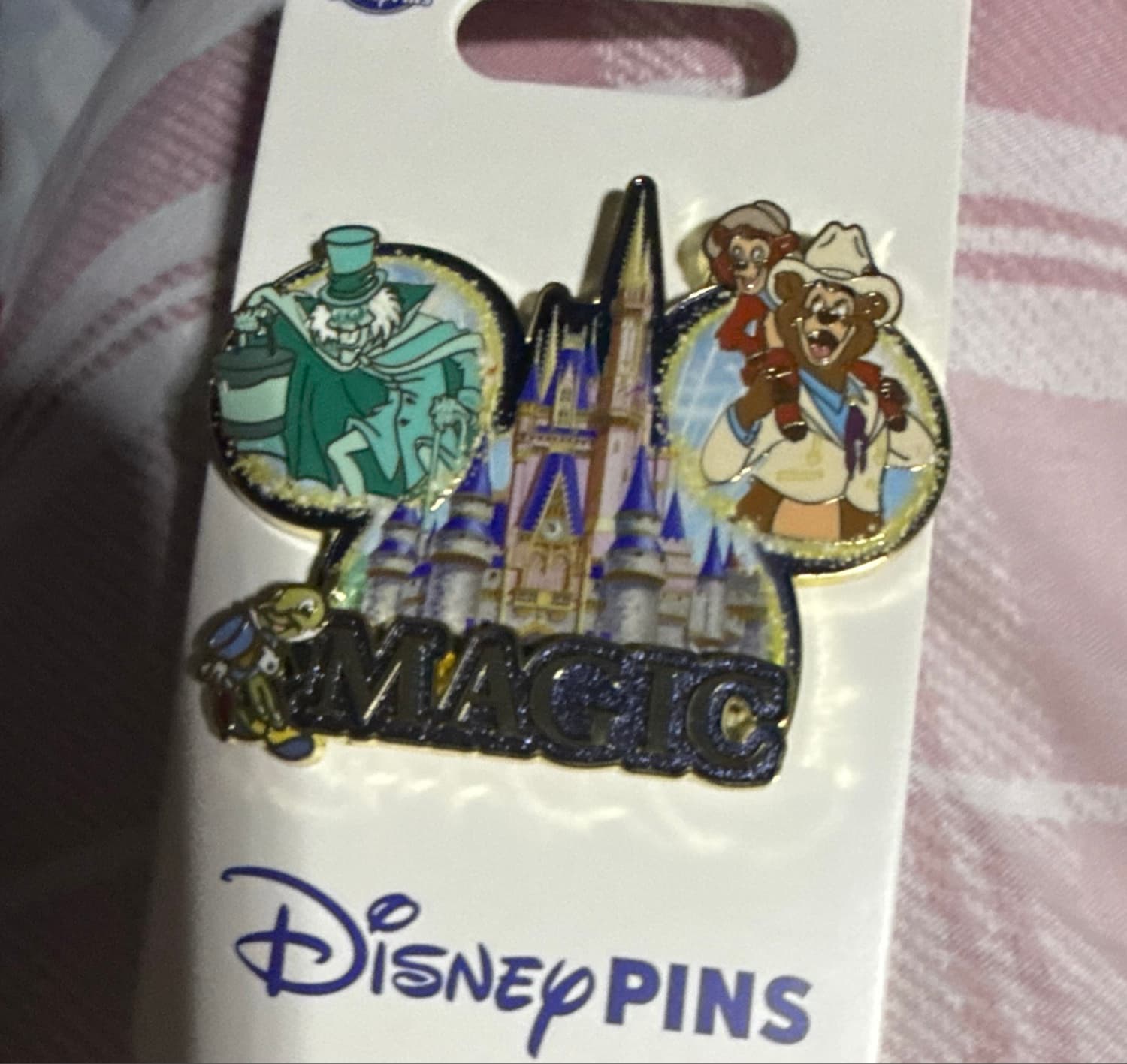 2026 Walt Disney World Magic Kingdom Castle "Magic" Ears Hat Pin with Hatbox Ghost, Henry & Oscar, and Jiminy Cricket