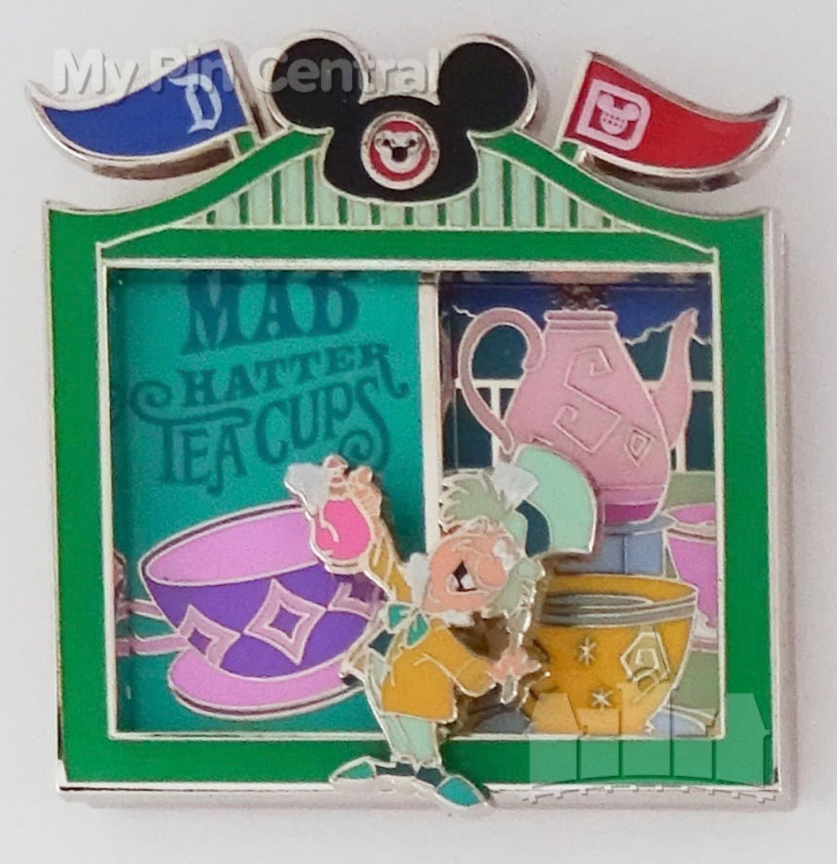 Mad Hatter's Tea Cups Bicoastal Adventures Slider Pin - Disneyland & Walt Disney World front