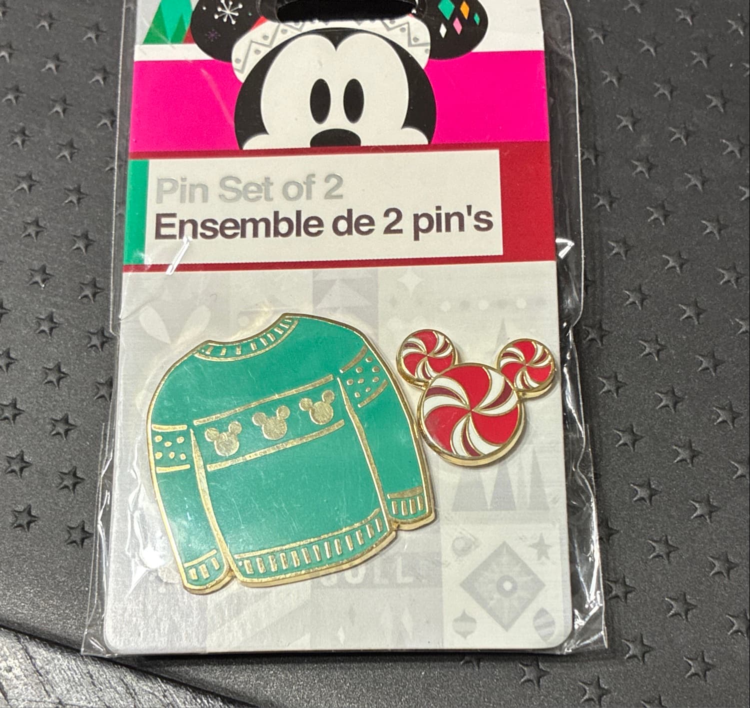 Disney Store Holiday Sweater & Candy Cane Mickey Mouse Silhouette Set Two Pins front