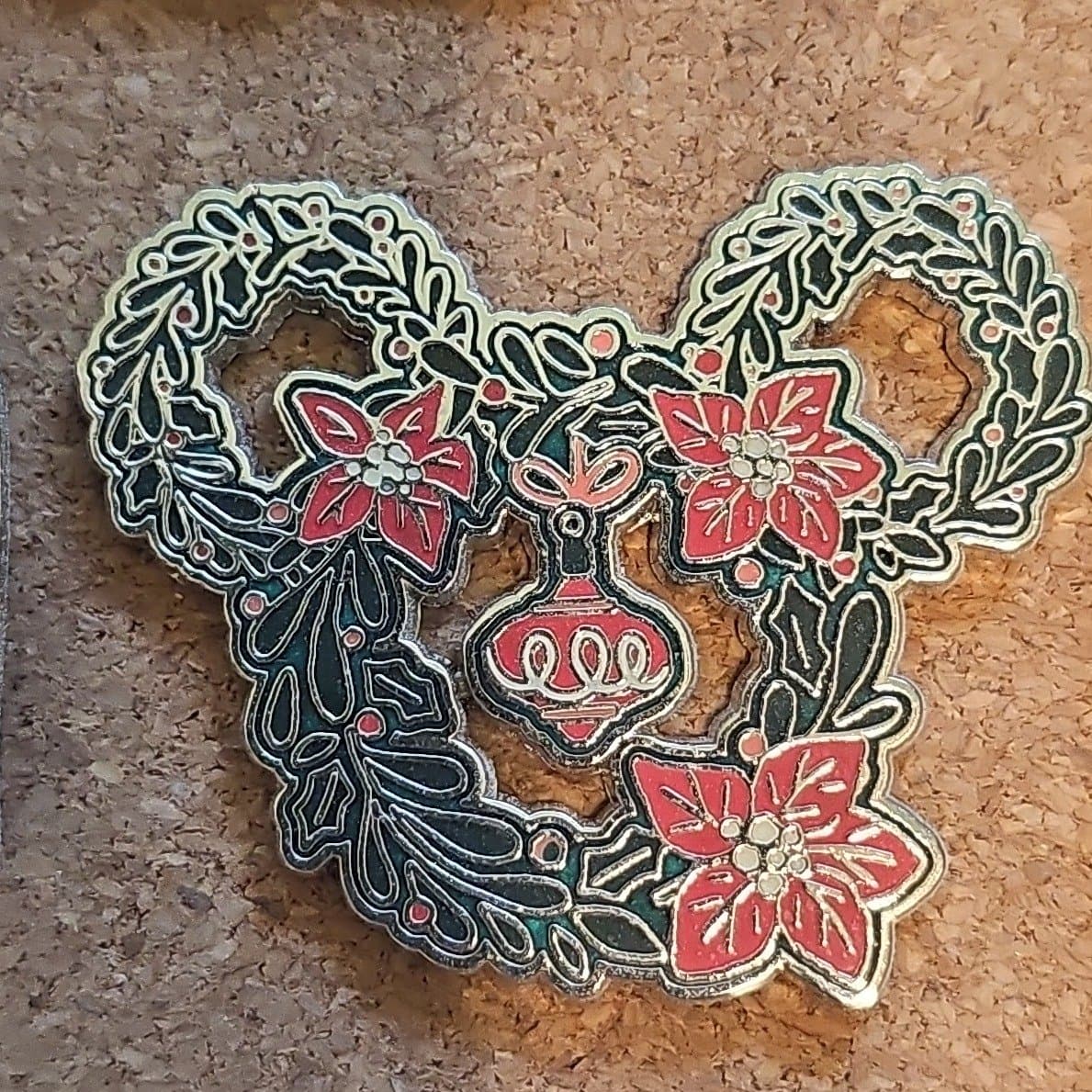 Mickey Mouse Icon Poinsettia Wreath Holiday Pin front
