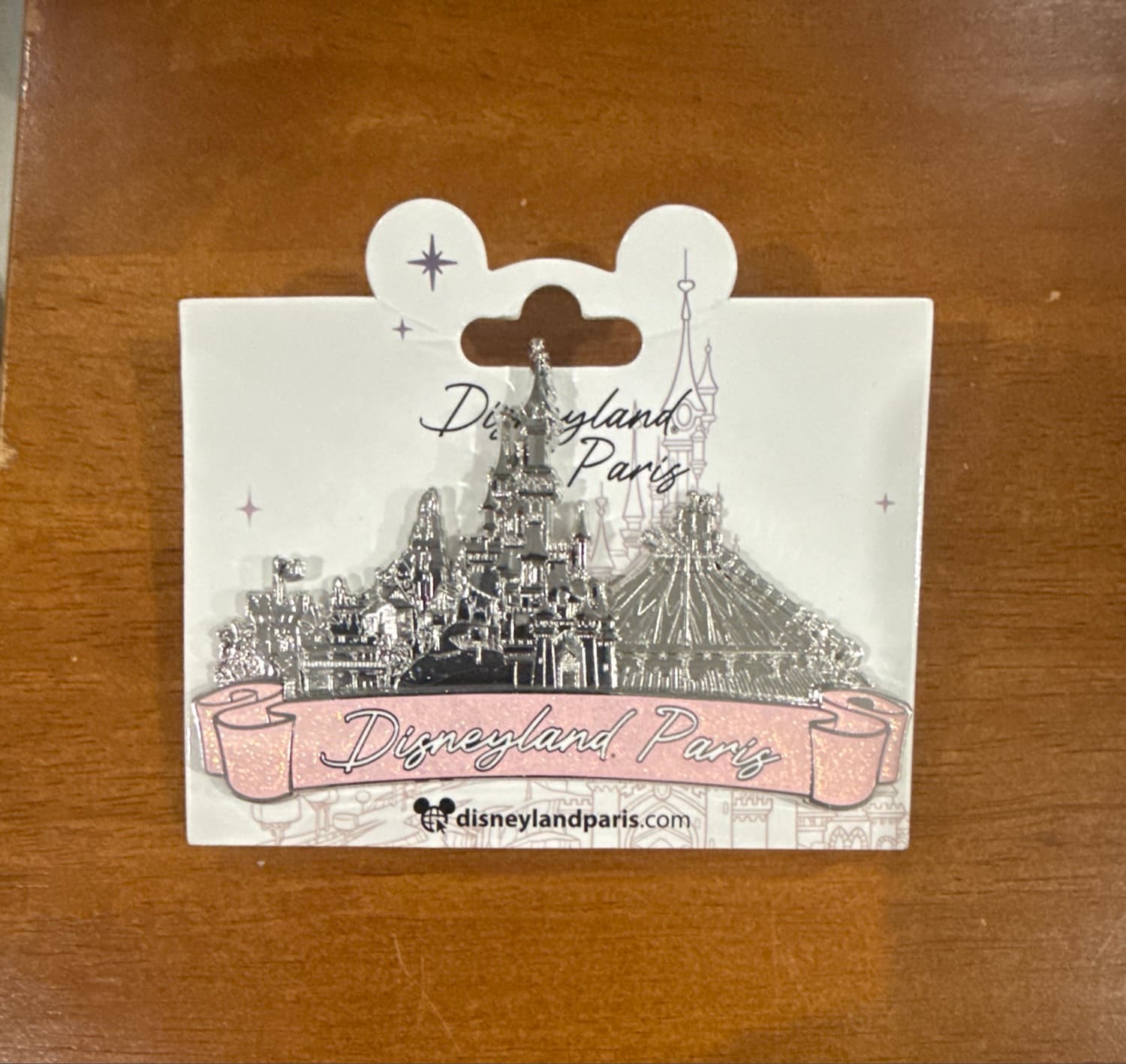 Disneyland Paris Skyline Pin - Sleeping Beauty Castle & Space Mountain with Pink Glitter Banner